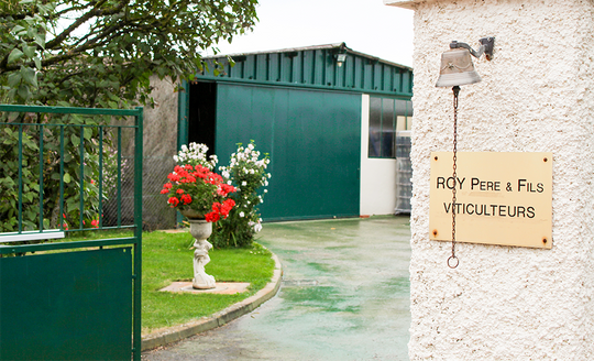 Bright day with the entrance gate to Domaine Marc Roy with a name placard on the stone wall and beautiful red and white flowers in the garden